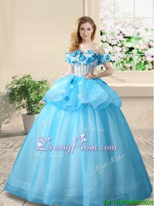 Chic Baby Blue Lace Up Off The Shoulder Beading and Appliques Sweet 16 Quinceanera Dress Organza Sleeveless