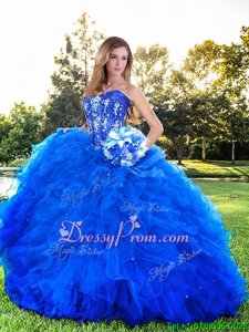 Inexpensive Royal Blue Sleeveless Floor Length Beading and Ruffles Lace Up Sweet 16 Dresses