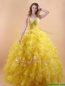 Luxurious Yellow Lace Up Quinceanera Gown Appliques and Ruffles Sleeveless Floor Length
