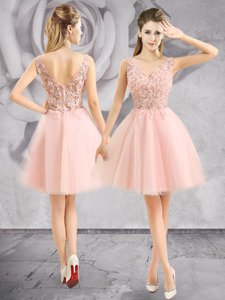 V-neck Sleeveless Prom Dress Mini Length Appliques Baby Pink Tulle