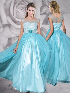 Custom Fit Bateau Cap Sleeves Floor Length Beading and Appliques Aqua Blue Chiffon