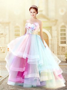 Best Sleeveless Zipper Floor Length Ruffled Layers and Hand Made Flower Prom Party Dress