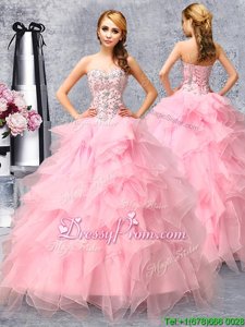 Stylish Sweetheart Sleeveless Quinceanera Gowns Floor Length Beading and Ruffles Rose Pink Organza