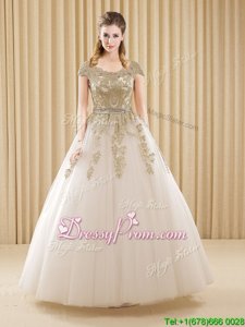 Adorable White Tulle Lace Up 15 Quinceanera Dress Short Sleeves Floor Length Beading and Appliques