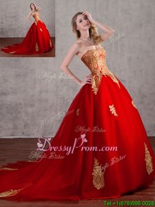 Most Popular Red Quinceanera Dresses Military Ball and Sweet 16 and Quinceanera and For withAppliques Strapless Sleeveless Court Train Lace Up