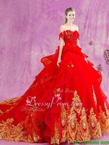 Latest Red Off The Shoulder Neckline Beading and Appliques and Ruffles Quinceanera Dresses Sleeveless Lace Up