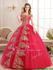 Sophisticated Red Tulle Lace Up Off The Shoulder Sleeveless Floor Length Ball Gown Prom Dress Appliques and Sequins