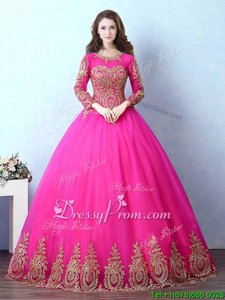 Classical Floor Length Lace Up Ball Gown Prom Dress Fuchsia and In forMilitary Ball and Sweet 16 and Quinceanera withAppliques