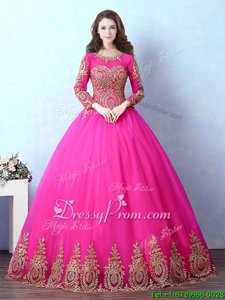Classical Floor Length Lace Up Ball Gown Prom Dress Fuchsia and In forMilitary Ball and Sweet 16 and Quinceanera withAppliques