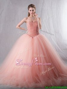 Unique Peach Ball Gowns Sweetheart Sleeveless Tulle With Brush Train Lace Up Beading 15 Quinceanera Dress
