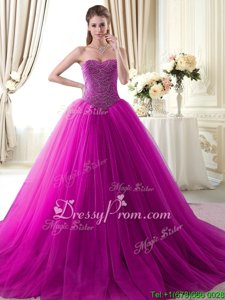 Captivating With Train Ball Gowns Sleeveless Fuchsia Sweet 16 Quinceanera Dress Brush Train Lace Up
