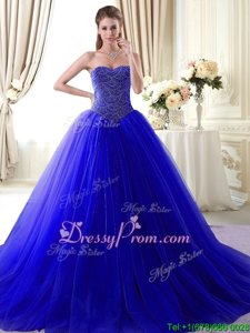 Gorgeous Royal Blue Ball Gowns Beading Vestidos de Quinceanera Lace Up Tulle Sleeveless With Train
