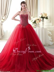 Dynamic Brush Train Ball Gowns Quince Ball Gowns Red Sweetheart Tulle Sleeveless With Train Lace Up