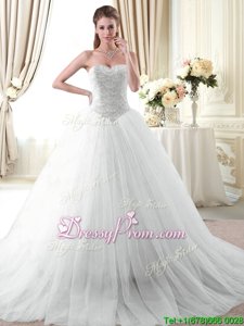 Modest Sweetheart Sleeveless Brush Train Lace Up 15 Quinceanera Dress White Tulle