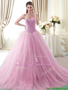 Traditional Rose Pink Ball Gowns Sweetheart Sleeveless Tulle With Brush Train Lace Up Beading Sweet 16 Dress