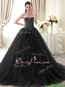 Comfortable Sleeveless Floor Length Beading Lace Up Quinceanera Gown with Black