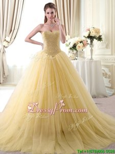 Custom Designed Floor Length Gold Vestidos de Quinceanera Sweetheart Sleeveless Lace Up