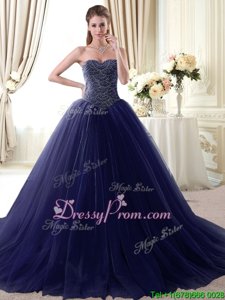 Modest Navy Blue Sleeveless Floor Length Beading Lace Up 15 Quinceanera Dress