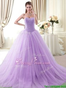 Fashionable Floor Length Lavender Quinceanera Gown Tulle Sleeveless Spring and Summer and Fall and Winter Beading