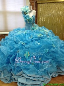 Sumptuous Taffeta and Tulle One Shoulder Sleeveless Lace Up Pick Ups and Hand Made Flower Sweet 16 Quinceanera Dress inBlue