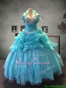 Exceptional Organza and Tulle Sweetheart Sleeveless Lace Up Beading and Pick Ups Quinceanera Dresses inAqua Blue