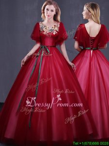 High Class Wine Red Quince Ball Gowns Military Ball and Sweet 16 and Quinceanera and For withAppliques and Belt Scoop Short Sleeves Lace Up