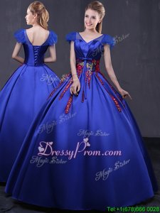Simple Cap Sleeves Appliques Lace Up Ball Gown Prom Dress