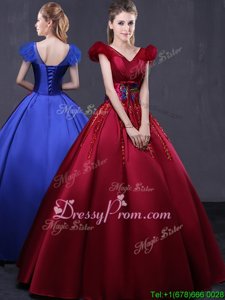 Cute Satin V-neck Cap Sleeves Lace Up Appliques 15 Quinceanera Dress inWine Red