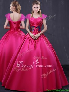 Unique Hot Pink Ball Gowns Satin V-neck Cap Sleeves Appliques Floor Length Lace Up Quinceanera Gowns