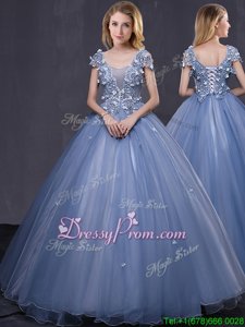 Elegant Lavender Ball Gowns Scoop Short Sleeves Tulle Floor Length Lace Up Appliques Sweet 16 Dress
