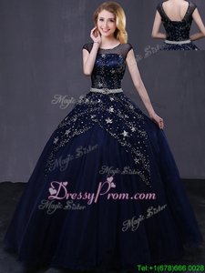 Chic Black Lace Up Scoop Beading and Belt Sweet 16 Quinceanera Dress Tulle Cap Sleeves