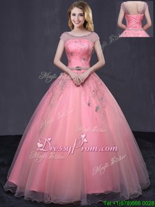 On Sale Watermelon Red Tulle Lace Up 15th Birthday Dress Cap Sleeves Floor Length Beading and Belt