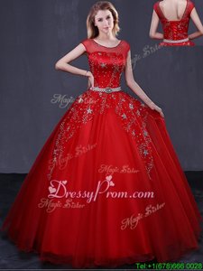New Style Scoop Cap Sleeves Tulle Vestidos de Quinceanera Beading and Belt Lace Up