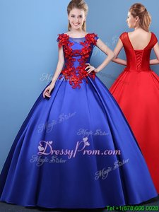 Inexpensive Royal Blue Cap Sleeves Floor Length Appliques Lace Up Sweet 16 Dresses