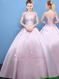 Simple Cap Sleeves Lace Up Floor Length Appliques Quince Ball Gowns