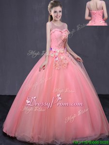 Customized Watermelon Red Sleeveless Beading and Appliques Floor Length 15th Birthday Dress