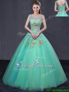 Amazing Sleeveless Organza Floor Length Lace Up Ball Gown Prom Dress inTurquoise forSpring and Summer and Fall and Winter withBeading and Appliques