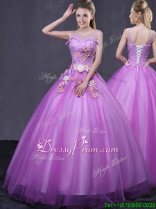 Beauteous Lilac Ball Gowns Beading and Appliques Quinceanera Dress Lace Up Tulle Sleeveless Floor Length