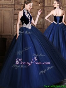 Delicate Navy Blue Ball Gowns Halter Top Sleeveless Tulle Floor Length Lace Up Beading Quince Ball Gowns