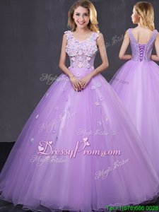 Luxurious Ball Gowns Ball Gown Prom Dress Lavender V-neck Tulle Sleeveless Floor Length Lace Up