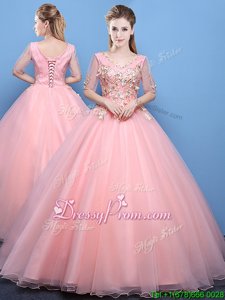 Latest Baby Pink Lace Up Quinceanera Dresses Appliques Half Sleeves Floor Length