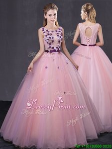 Fancy Floor Length Lace Up Sweet 16 Quinceanera Dress Baby Pink and In forMilitary Ball and Sweet 16 and Quinceanera withAppliques