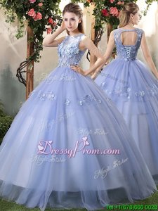 Customized Lavender Tulle Lace Up Bateau Sleeveless Floor Length 15th Birthday Dress Appliques