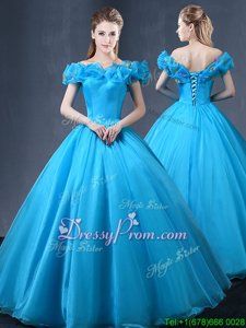 Beautiful Baby Blue Cap Sleeves Appliques Floor Length Quince Ball Gowns