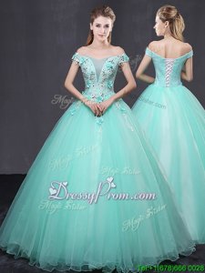 Perfect Apple Green Off The Shoulder Lace Up Appliques Quinceanera Dresses Sleeveless