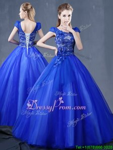Colorful V-neck Short Sleeves Lace Up Sweet 16 Dress Royal Blue Organza