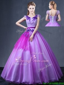 Lavender Organza Lace Up Vestidos de Quinceanera Short Sleeves Floor Length Lace and Appliques