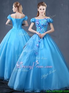 Cheap Off The Shoulder Short Sleeves Quinceanera Gown Floor Length Appliques Baby Blue Organza