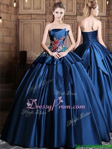 Trendy Sleeveless Floor Length Appliques Lace Up Vestidos de Quinceanera with Navy Blue