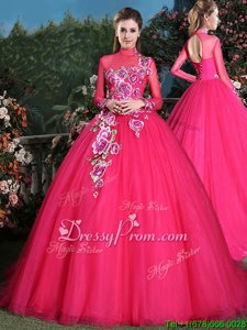 With Train Coral Red 15th Birthday Dress Tulle Brush Train Long Sleeves Spring and Summer and Fall and Winter Appliques